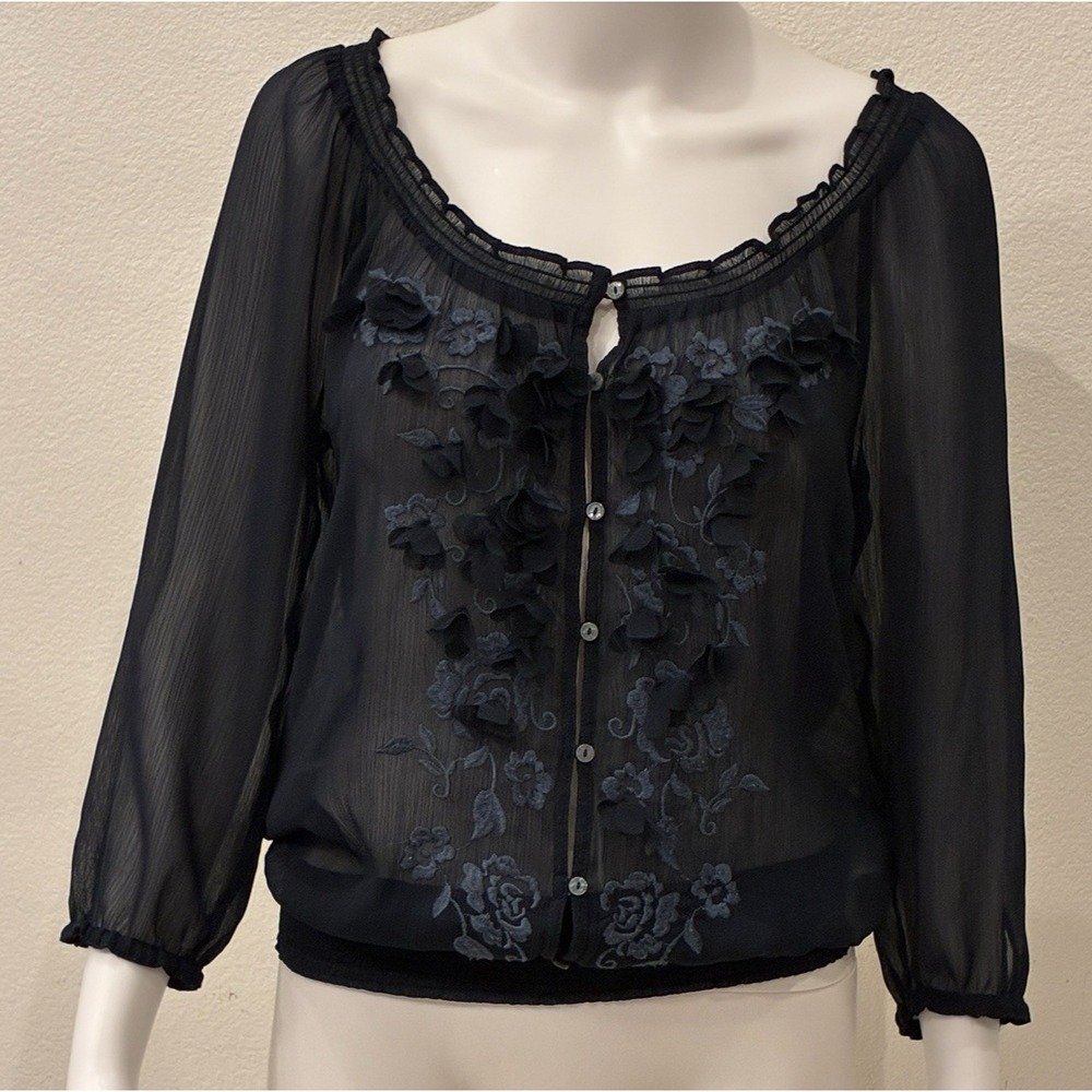 Abercrombie & Fitch Sheer Floral Applique Chiffon Blouse Sz M Navy Boho Chic Y2K